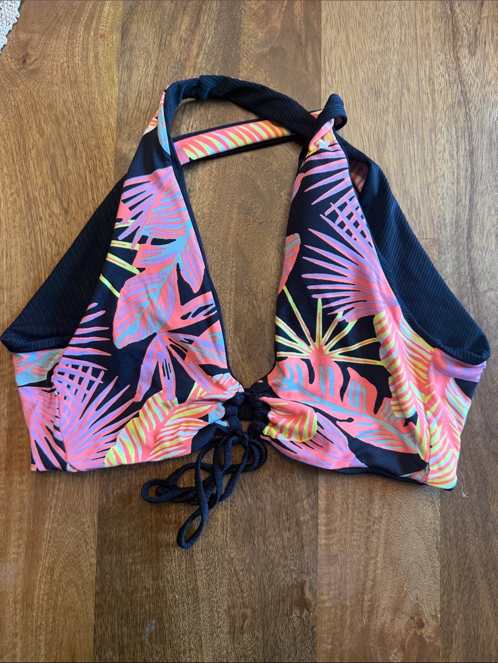 Maaji Black Bikini Top with Neon Pink & Coral Tropical Print